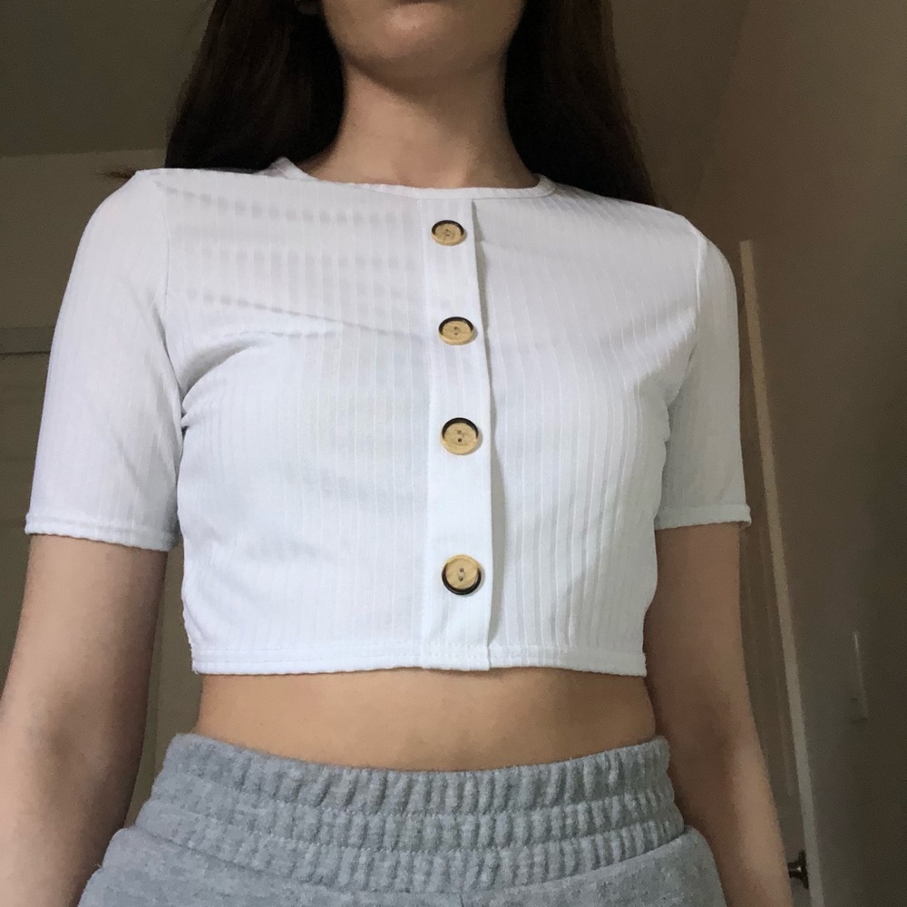 White ribbed button up crop top